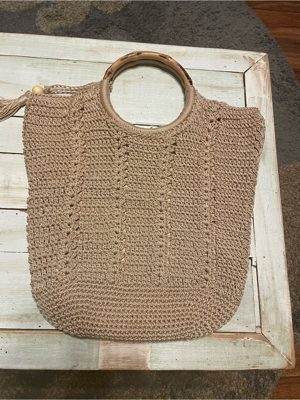 Handwoven Tan Crochet Tote with Bamboo Handles